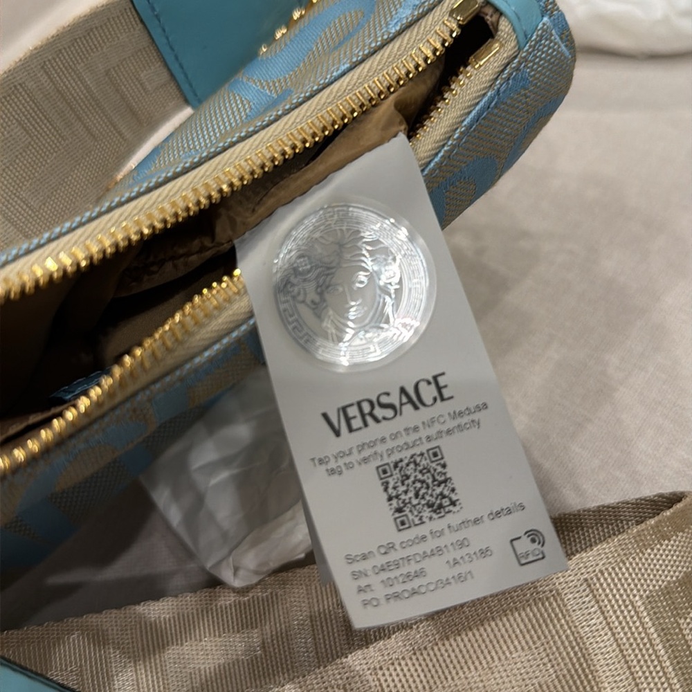 Versace Sky Blue Logo Crossbody Bag with Gold Chain - Picture 13 of 13
